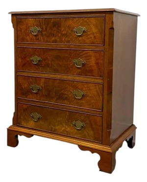 Vintage Four Drawer Chest With Figured Veneer, Dovetailed Drawers and Brass-Toned Hardware. Uk Import