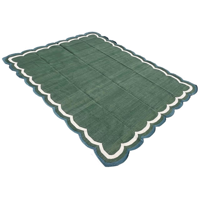 Handmade Cotton Flat Weave Area Rug, Forest Green, Cream and Teal Blue Scalloped Dhurrie - 8'x10' For Sale - Image 6 of 14