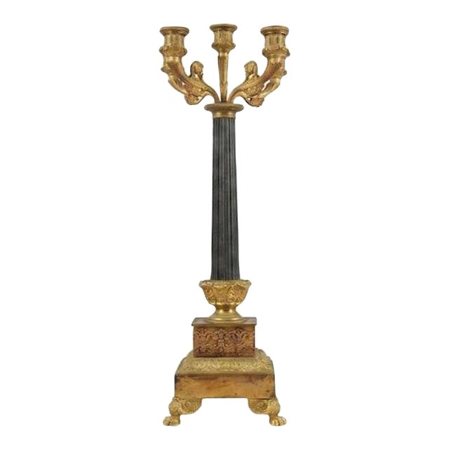 Antique Gilt Bronze Candelabra, Fluted Column With Figural Arms — French, 19th Century For Sale