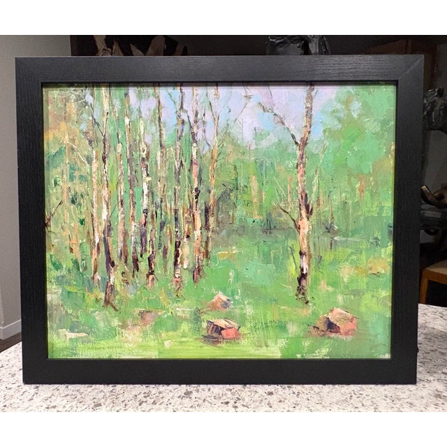 Lime Vintage Abstract Impressionist Oil Painting Birch & Aspen Trees Palette Knife, 18” X 22” For Sale - Image 8 of 9