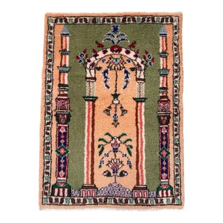 Vintage Hand-Knotted Turkish Prayer Rug Ultra Soft Organic Wool Rug 3x4 Ft Approx For Sale