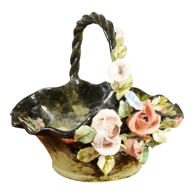 19th Century French Barbotine Jardinière Basket with High Relief Pastel Flowers For Sale