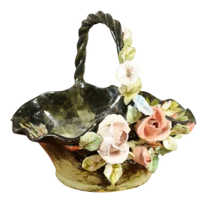 19th Century French Barbotine Jardinière Basket with High Relief Pastel Flowers