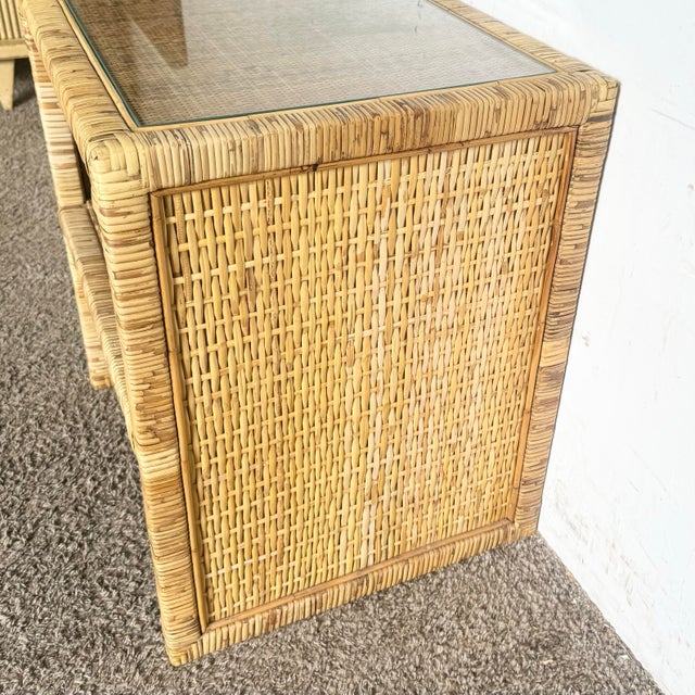 1980s Boho Chic Wicker Rattan Glass Top Side Table/Nightstand For Sale - Image 5 of 6