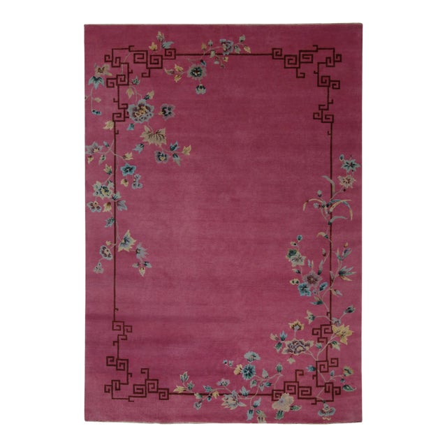 Rug & Kilim Chinese Style Art Deco Rug in Pink with Colorful Floral Patterns - 10'x14' For Sale