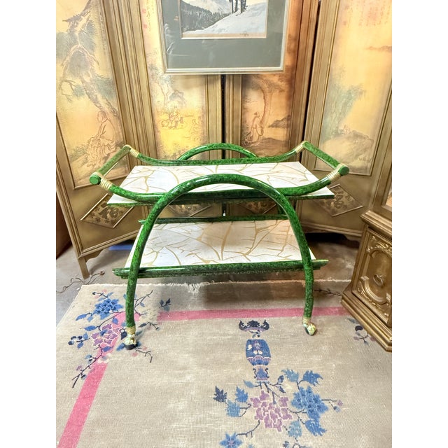 Mid 20th Century Vintage Mid-Century Aldo Tura Style Rattan and Faux Malachite Bar Cart - Newly Painted For Sale - Image 5 of 11
