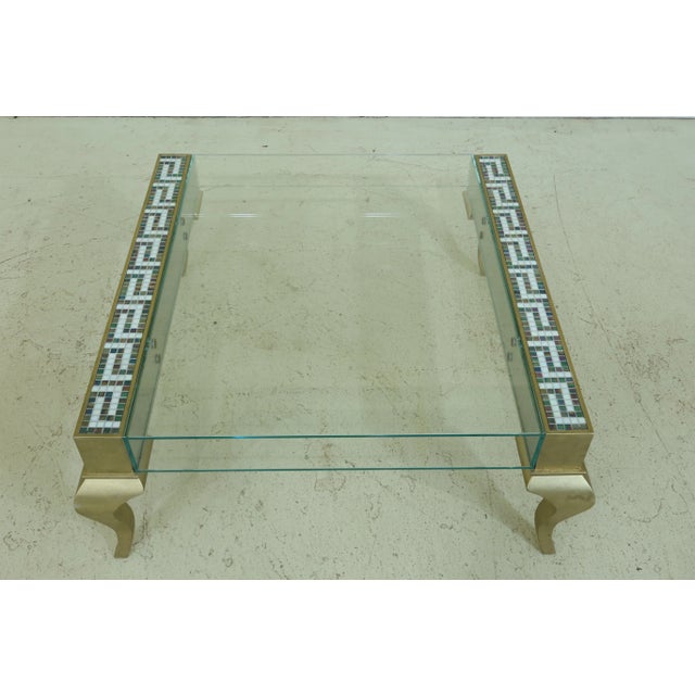 Approx: 15 Years Old Quality Construction Large Impressive Table Gold Painted Base Double Glass Top Inlaid Tile Trim...
