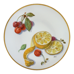Antique Paris Porcelain Cherry Lemon Fruit Decor Plate Jacquel Boyer Blot Hebert Atelier Signed 'Arnold' Feuillet Successors Hanging Plate