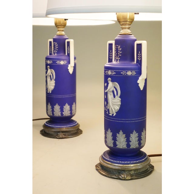 1930s Cobalt Noritake Wedgewood Jasperware Style Neoclassic Art Deco Table Lamps - a Pair For Sale - Image 9 of 15