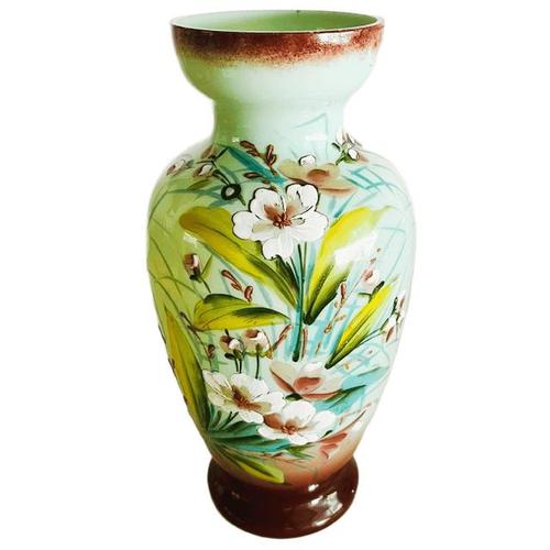 Beautiful antique Victorian Art Nouveau vase made with uranium glass and hand-painted floral decoration from circa the...