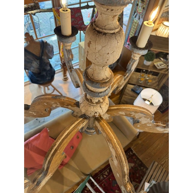 Early 20th Century Large Blue and White Chippy Wood Chandelier For Sale - Image 11 of 14