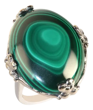 Oval Malachite Cabochon in Handmade 14k White Gold Ring