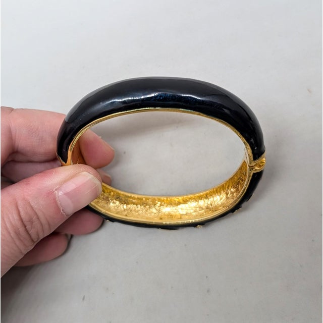1990s Vintage Signed Napier Goldtone Black Enamel & Clear Rhinestone Cuff Bracelet For Sale - Image 5 of 11