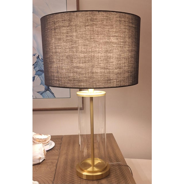 1990s Lauren Ralph Lauren "Payton" Brushed Brass and Glass Column Table Lamp For Sale In Tampa - Image 6 of 8