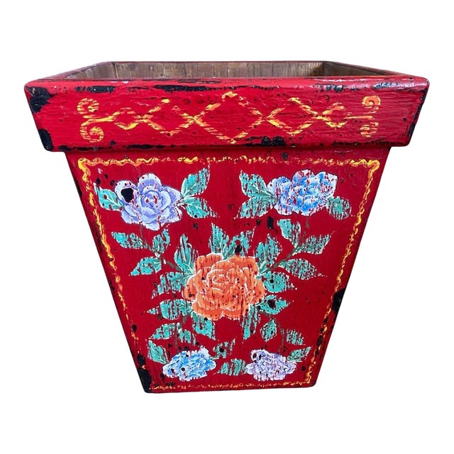 Vintage Balinese Hand-Painted Wood Cachepot or Trash Can For Sale
