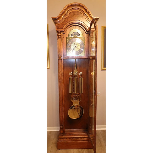 1990s Howard Miller Oak Grandfather Clock With Kieninger Triple Chime Movement and Moon Dial For Sale - Image 9 of 18