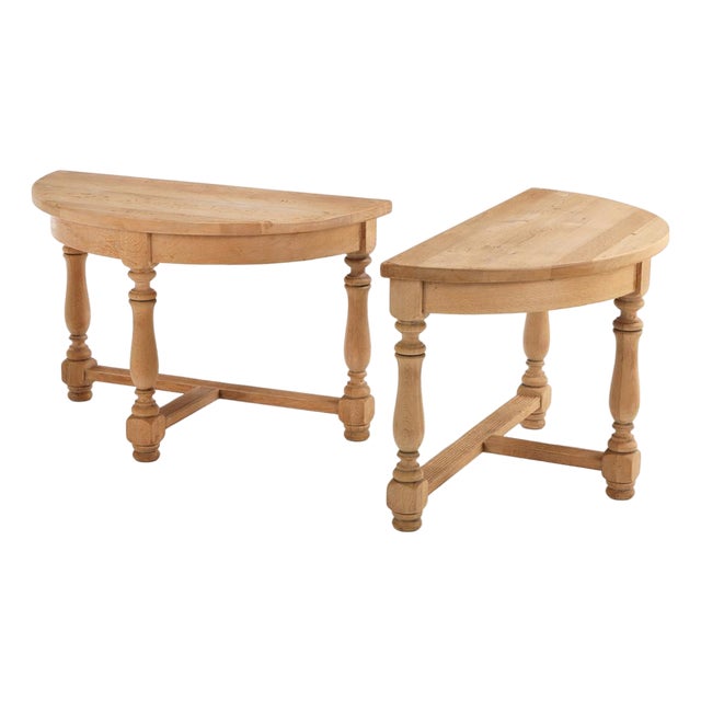Pair of French Solid Oak Demilune Console Tables, C. 1950. For Sale