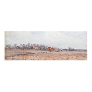 Small Early 20th Century English Pastoral Landscape With Horses Watercolor Painting For Sale