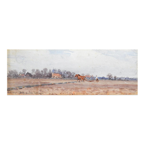 Small Early 20th Century English Pastoral Landscape With Horses Watercolor Painting