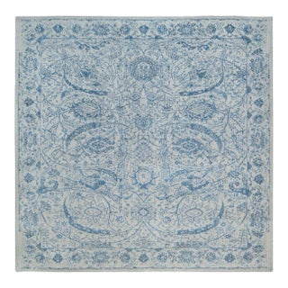 Gray Fine Jacquard With Sickle Leaf Design Wool and Plant Based Silk Hand Loomed Oriental Square Rug For Sale