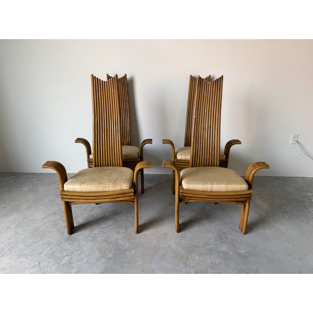 1980s Vintage Boho Chic McGuire Style Sculptural Tall Back Rattan Arm Dining Chairs – Set of 4 For Sale - Image 5 of 12