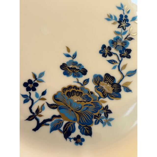 1980s Lenox "Pagoda" Pattern 11 Inches Diameter Cake Platter Scalloped Edges, Floral Design in Ivory and Blue With 24k Gold Trim For Sale - Image 18 of 18
