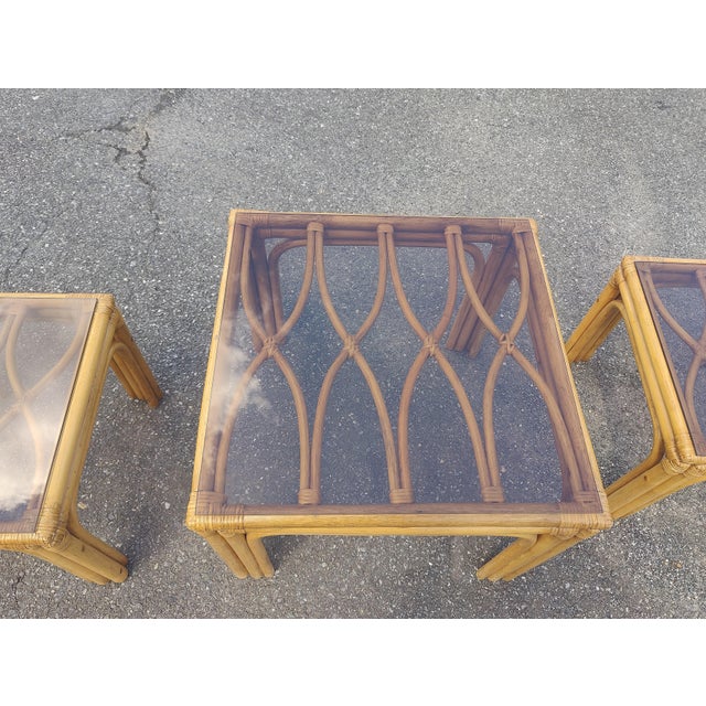 Wood Vintage Boho Bamboo Rattan Table Set- Set of Three For Sale - Image 7 of 12