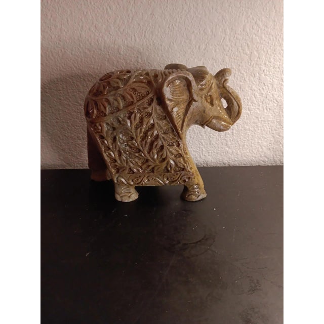 Indian 1980s Handcarved Gorara Marble Draped Trunk-Up Elephant Sculpture For Sale - Image 3 of 9