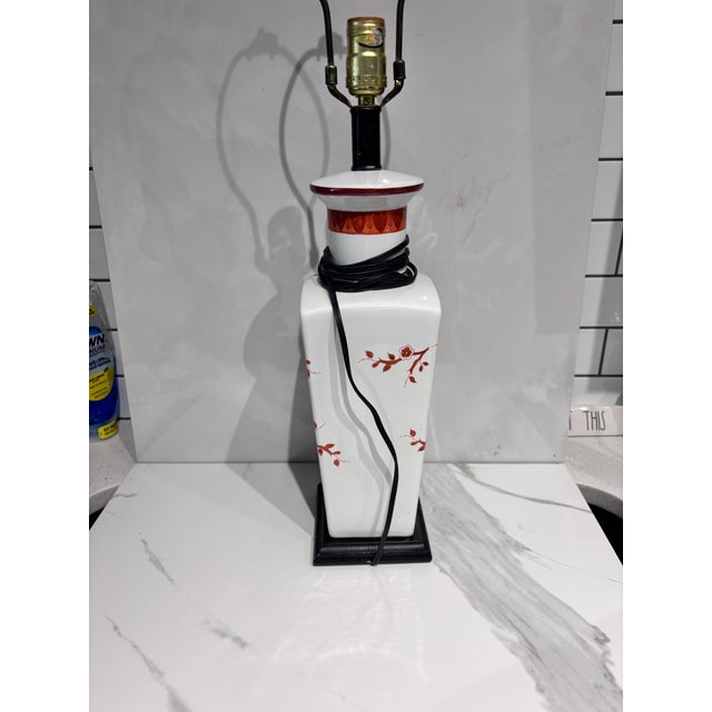 Japanese Vintage Japanese Porcelain Vase Table Lamp Featuring a Hand-Painted Red Cherry Blossom Floral For Sale - Image 3 of 9