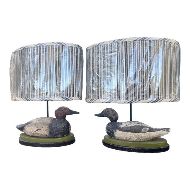 Early 20th Century Hand-Carved Duck Decoy Lamps With Custom Ticking Stripe Shades – Pair For Sale