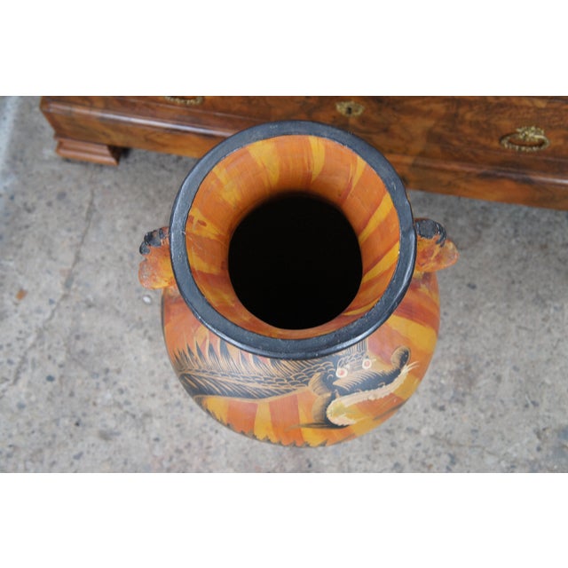 Vintage Terracotta Hand Painted Dragon & Floral Handled Floor Vase Jar Urn For Sale - Image 4 of 12