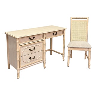 1970s Broyhill Faux Bamboo Writing Desk With Cane-Back Chair For Sale