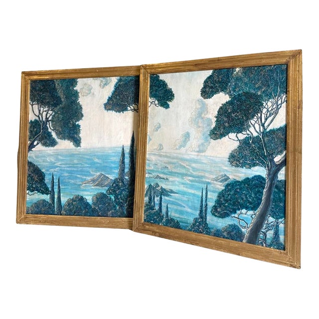 Vintage Italian Water Painting Design of Forest Gilded Frame - A Pair For Sale