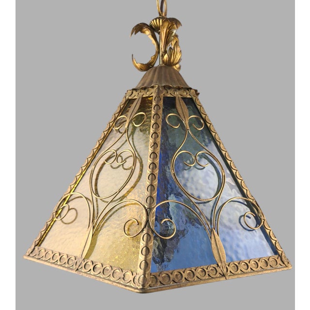 Vintage Multi Color Slag Glass Italian Tole Gilded Pendant Light Fixture For Sale - Image 10 of 11