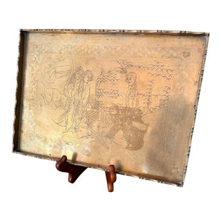 Antique Early 20th Century Engraved Chinese Brass Opium Tray With Scalloped Rim For Sale