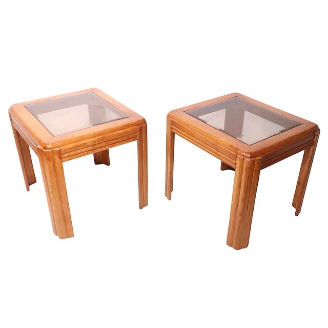 Pr. Oak and Tinted Glass End Side Tables C. 1980/90's For Sale In New York - Image 6 of 8