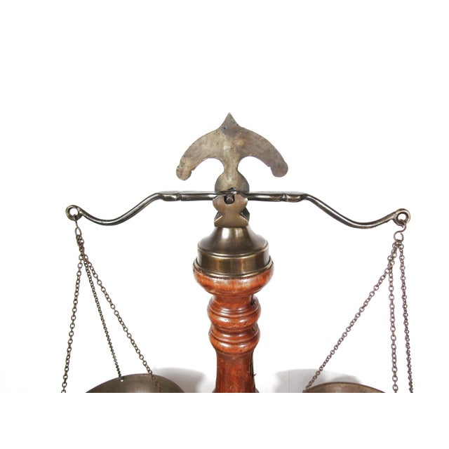 A Sculptural Brass Balance Scale on a Warm Wood Base—instant Library-Worthy Drama. For Sale - Image 9 of 10