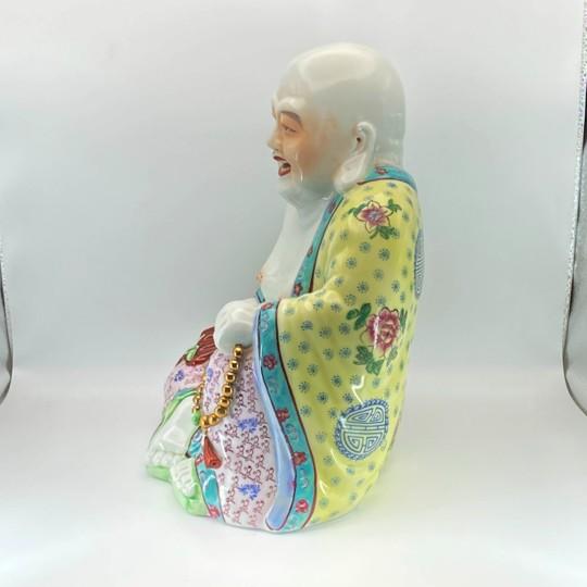 Ceramic Chinese Famille Rose Laughing Buddha Budai/Hotei Statue (Large 12.5”) Polychrome Ceramic Vintage For Sale - Image 7 of 18