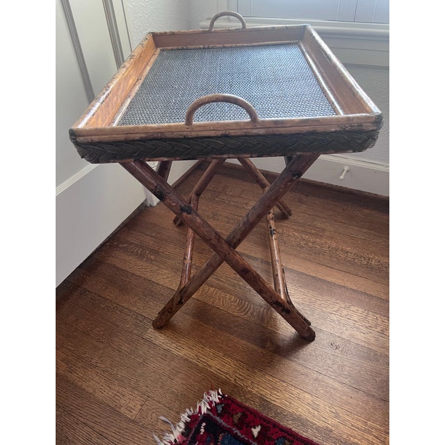 Brown Late 20th Century British Colonial Tortoise Bamboo Wicker Butler’s Tray Table (Ralph Lauren Style) For Sale - Image 8 of 11