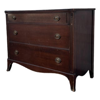 Vintage Mahogany Dresser | Colonial Revival Chest of Drawers | Hepplewhite Style Bedroom Dresser | Traditional Wood Three Drawer Chest For Sale