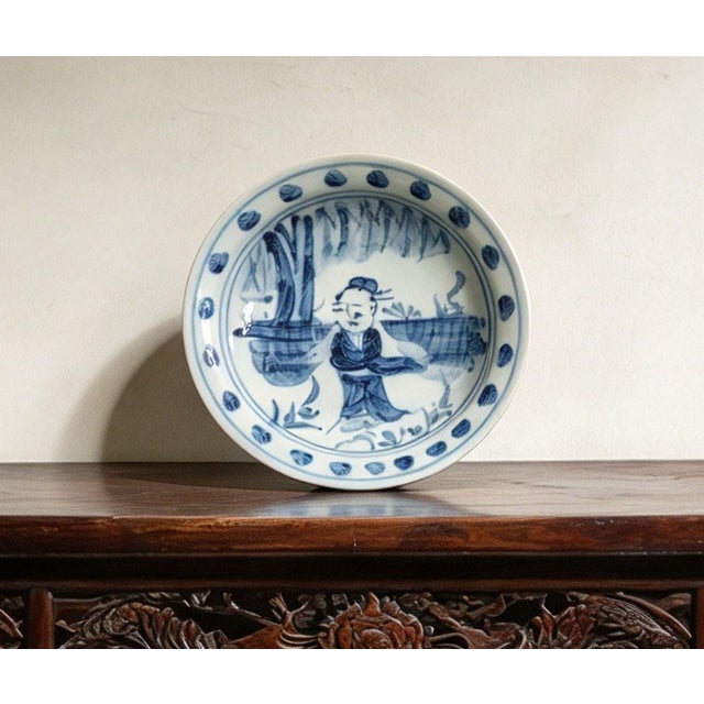 Art Deco Chinese Ceramic Plate,Blue and White Porcelain Plate Hand Painted Figures Story Pattern For Sale - Image 3 of 10