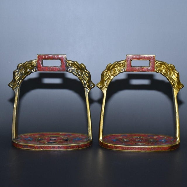 Red Pair of Antique Cloisonné Enamel Stirrups With Dragon Motif, 1.43kg For Sale - Image 8 of 9