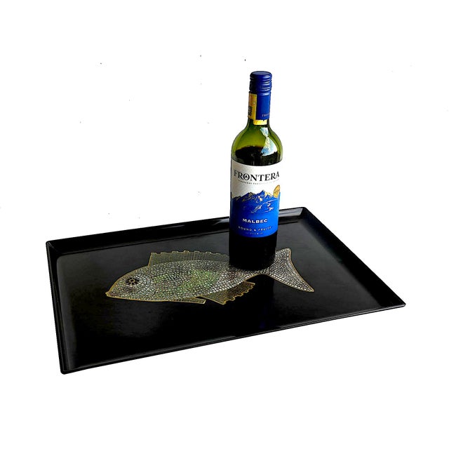 Mid 20th Century Couroc of Monterey Tray With Brass, Turquoise and Stone Inlay Fish For Sale - Image 11 of 15