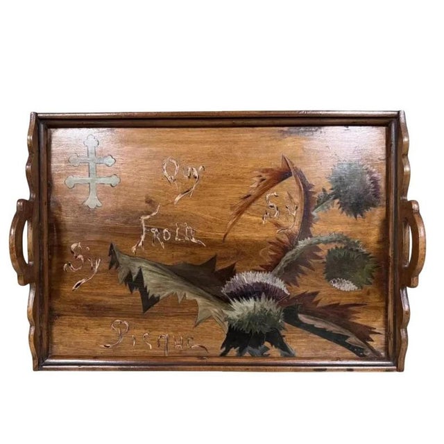 Wood Rectangular Wooden Tray with Marquetry Decoration of Thistles in the style of Emile Gallé For Sale - Image 7 of 7