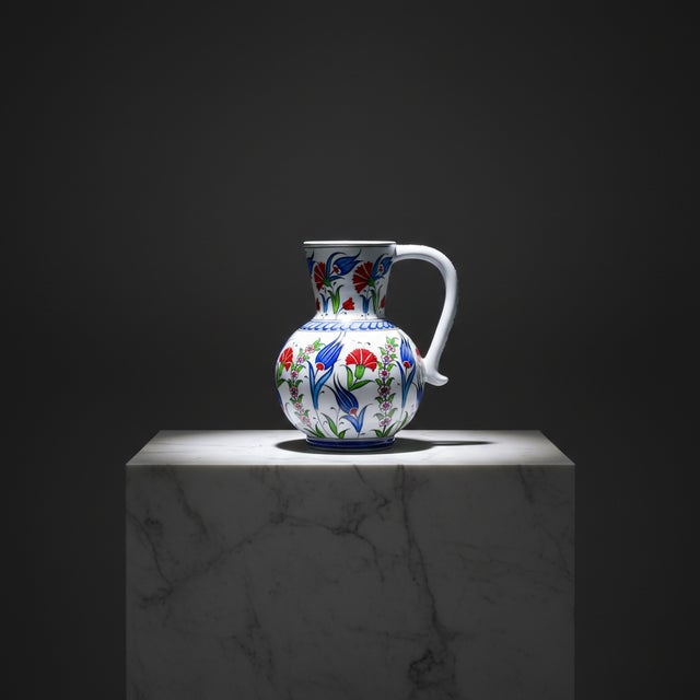 2020s Handmade Ceramic Pitcher Vase (20cm) Classic Red Carnation and Blue Tulip For Sale - Image 5 of 12