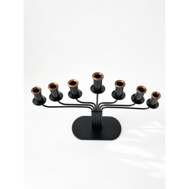 Mid-Century Modern Seven-Arm Candelabra in Black Metal and Copper attributed to Gunnar Ander for Ystad-Metall, Sweden, 1960s For Sale - Image 3 of 11