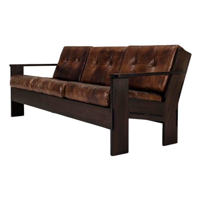 Three-Seater Sofa in Slavonian Oak and Leather by Giuseppe Rivadossi, 1960s For Sale