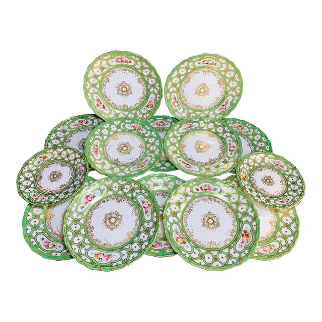 Early 19th Century Rare Green and Gold Floral Davenport Longfort Staffordshire Plates - Set of 14 For Sale