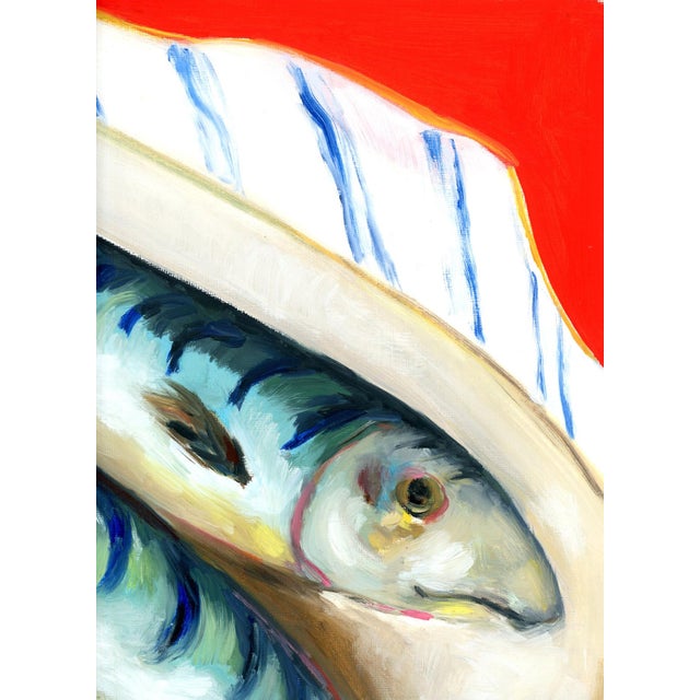 Mid-Century Modern "Two Fish and Lemons" Vintage Style Still Life Oil Painting by Alexandra Swistak, Framed For Sale - Image 9 of 9