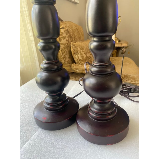 Traditional Pair of Vintage-Style Dark Wood-Look Table Lamps For Sale - Image 3 of 9